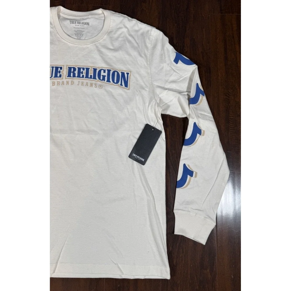 TRUE RELIGION Repeated 3D Horseshoe Long Sleeve Shirt Off White Mens M *NEW* $69